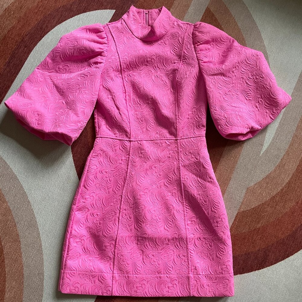 Hot Pink Jacquard Mini Dress with Balloon Sleeve